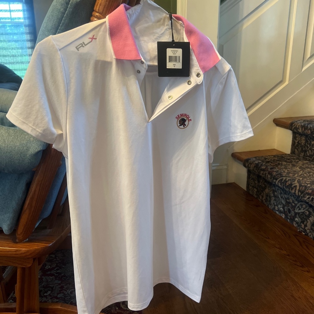 Ralph Lauren RLX white golf shirt w pink trim and Seminole golf course logo M